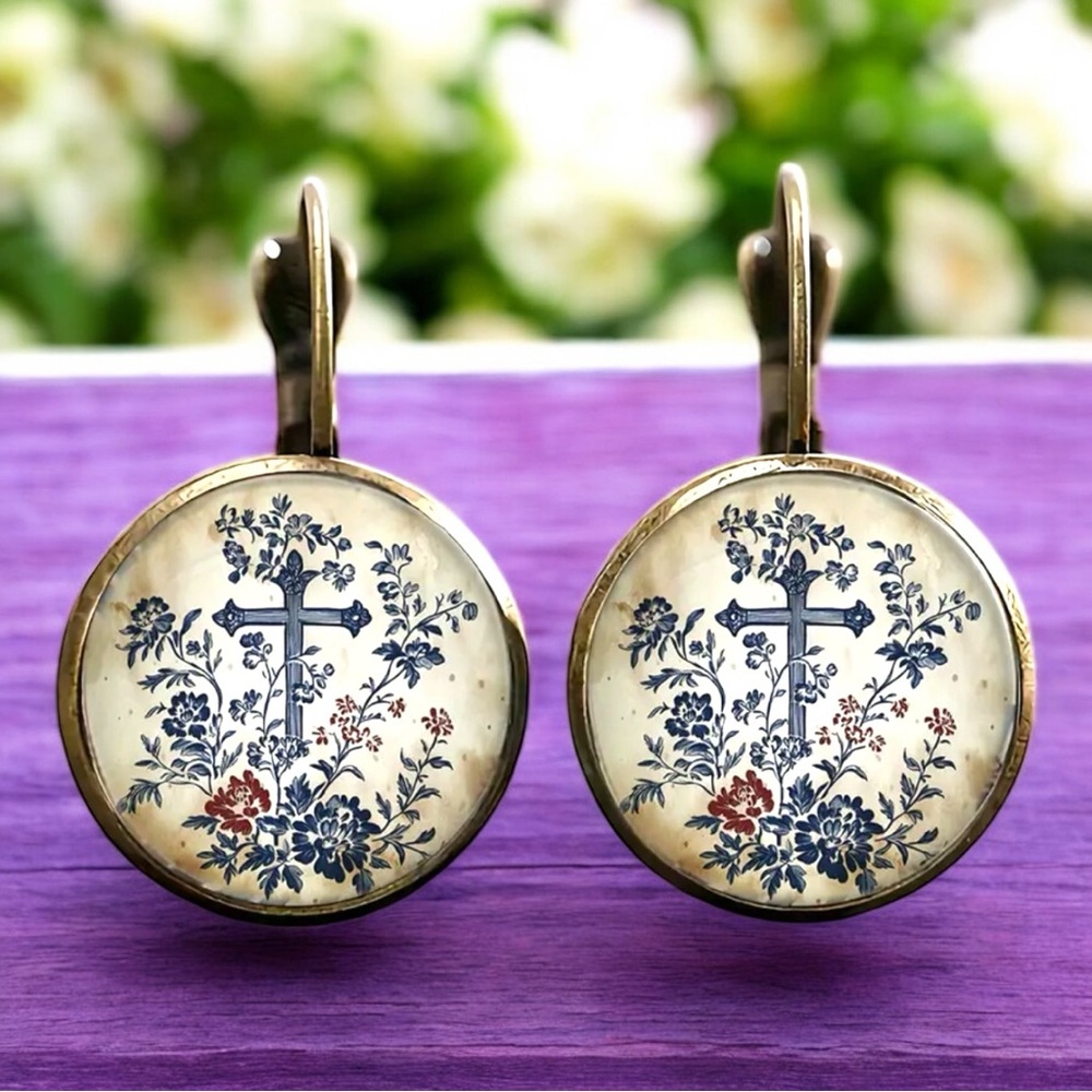 🆕 Vintage Gold Plated Dangle Cross Earrings - Lever Back - Floral Detail - ✝️